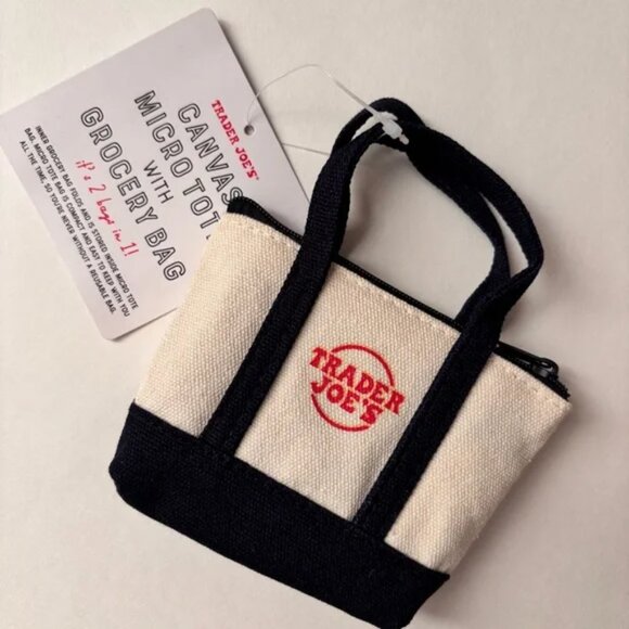New Trader Joe's canvas micro tote with grocery bag set green navy red mini bag - Picture 7 of 7